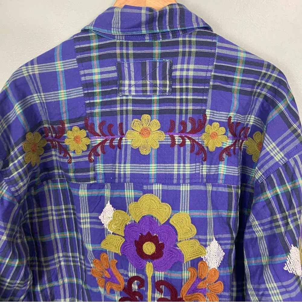 Free People Embroidered Sashiko Shirt Plaid Floral Oversized XL‎ Blue Purple
